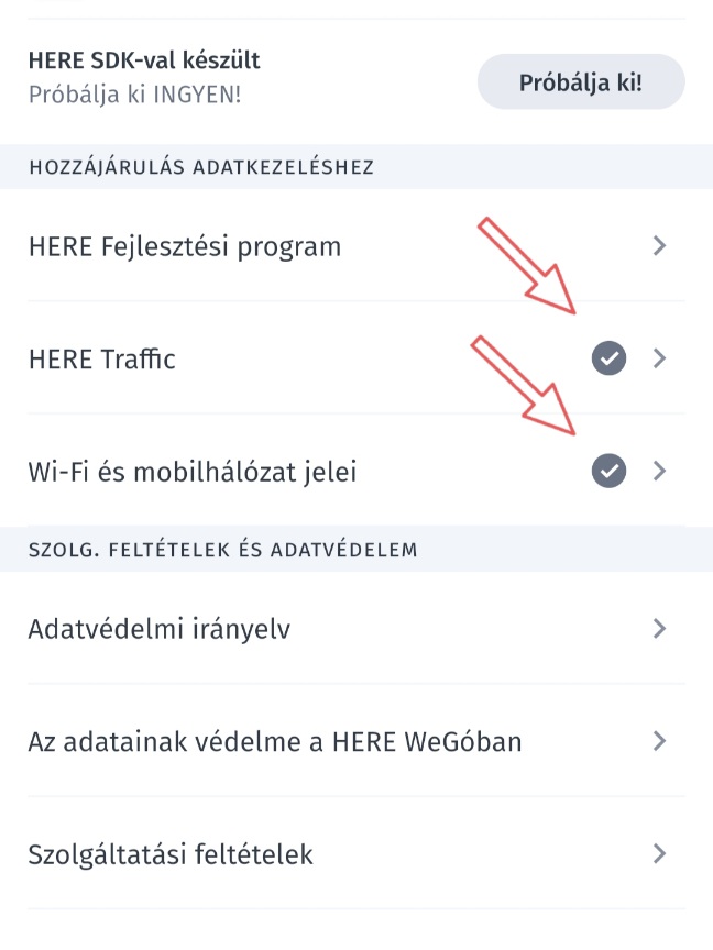 HERE WeGo traffic bekapcsolása